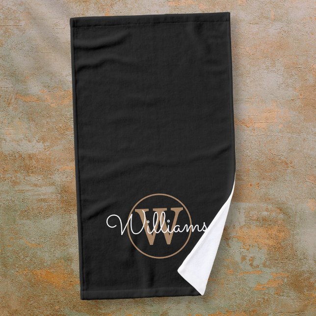 Monogramme d'or noir moderne et élégant Nom du scr (Modern Stylish Black Gold Monogram Script Name Hand Towel)