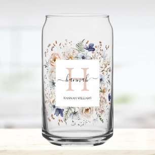 Monogramme Élégant Jolies Fleurs Beige Bleu Floral