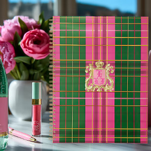 Monogramme élégant rose et vert Plaid