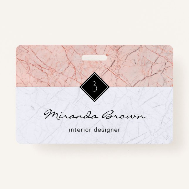 Monogramme Élégant Rose Gold Gris Marbre Badge (Devant)
