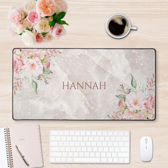 Monogramme Elégant rose Peony Floral Marbre (Créateur téléchargé)