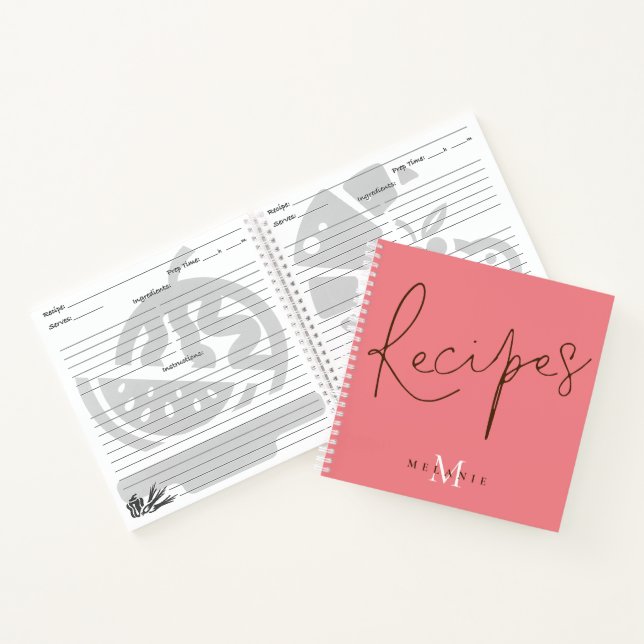 Monogramme Élégant Script Coral Recette Livre (Intérieur)