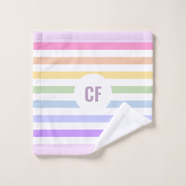 Monogramme en Blanc Cirque Pastel Arc-en-ciel rayu (Gant de toilette)