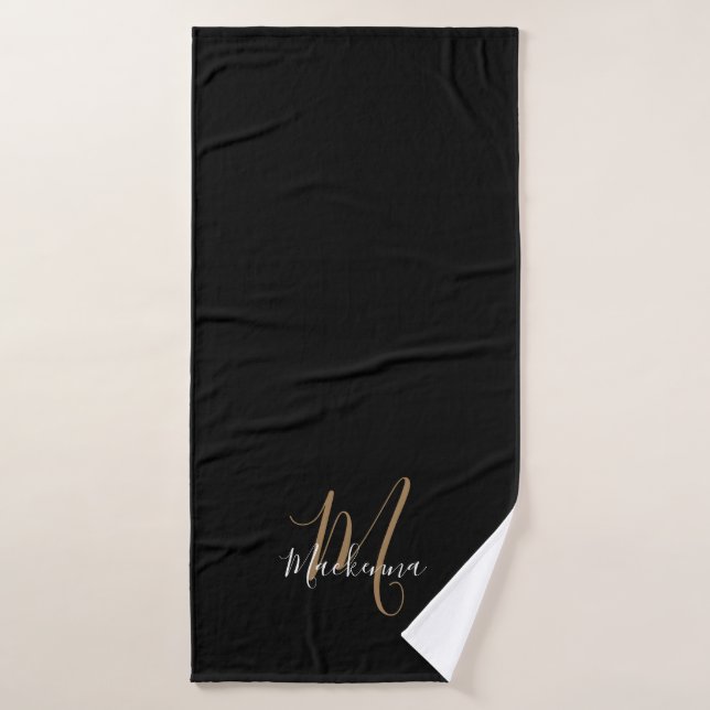Monogramme en or noir moderne simple Nom du script (Serviette de bain)
