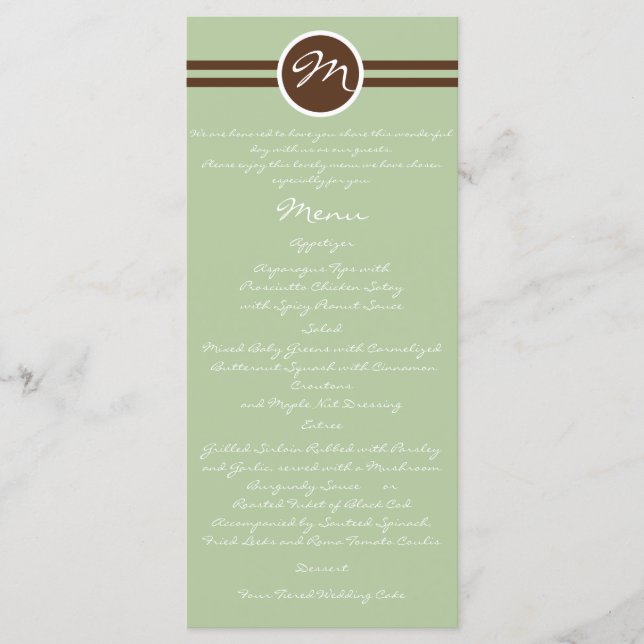Monogramme en Sage Vert Brown Menu Mariage (Devant)