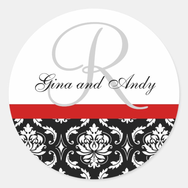 Monogramme et noms Damask Red Mariage Sticker (Devant)