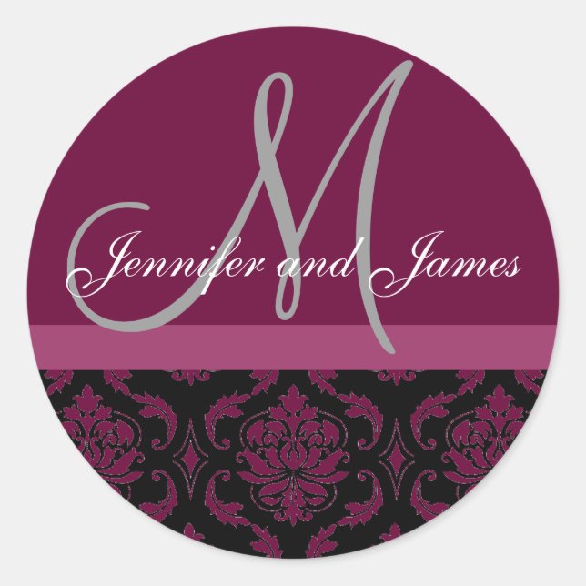 Monogramme et noms Damask Vin Gris Sticker Mariage (Devant)