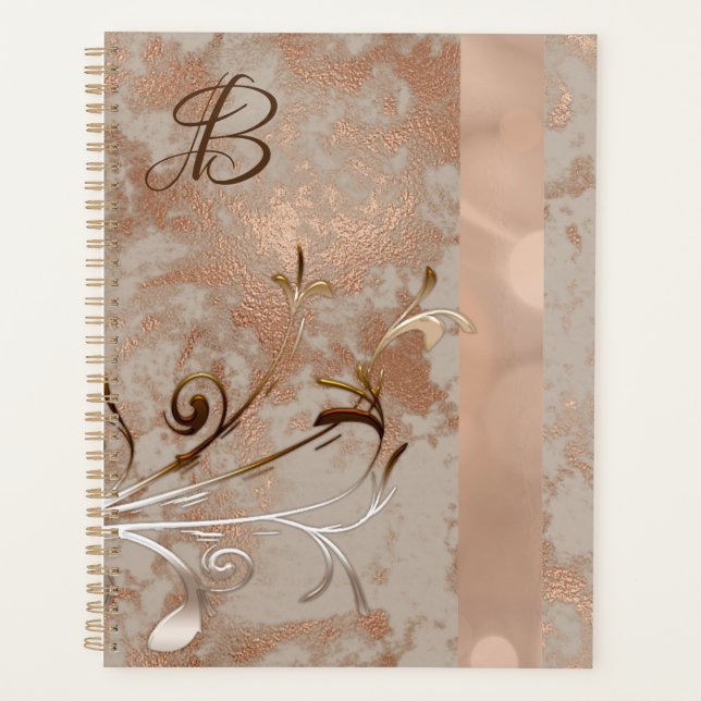 Monogramme Faux Rose Gold Floral Planner (Devant)