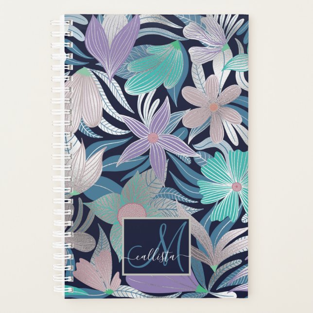 Monogramme Feuille argenté violet bleu (Devant)