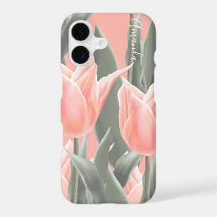 Monogramme & Fleurs de tulipes pêche élégantes