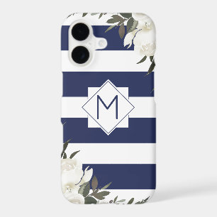 Monogramme Floral à Rayures Bleu Marine avec Roses