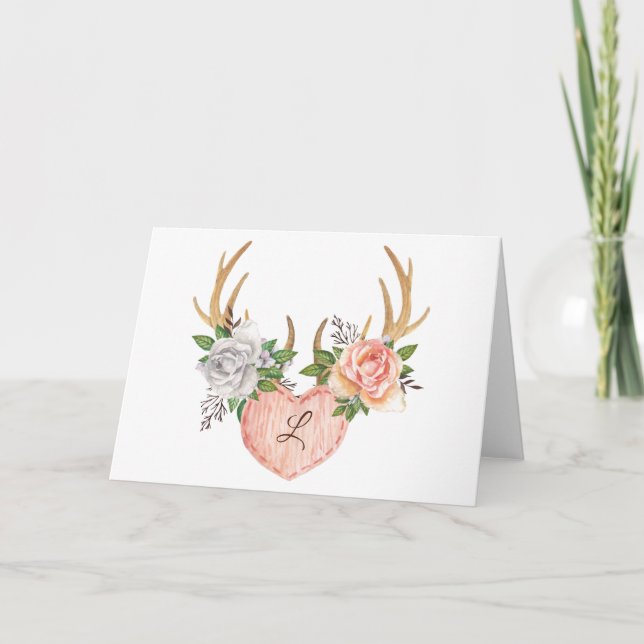 Monogramme Floral Antler Carte pour notes - Blanc  (Devant)