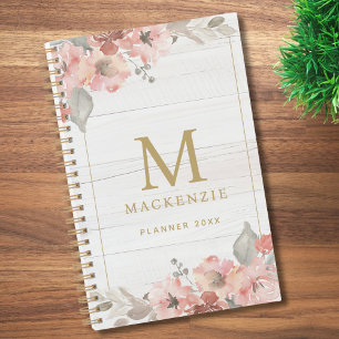 Monogramme Floral Aquarelle Rose Bois Rustique