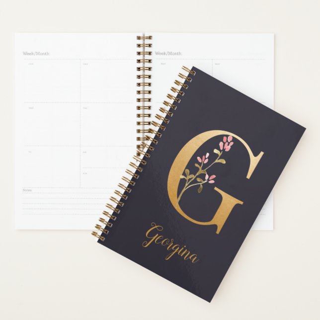 Monogramme floral élégant bleu or personnalisé G (Devant avec enveloppe)