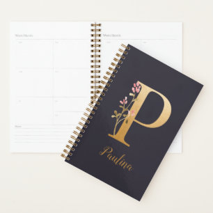 Monogramme floral élégant bleu or personnalisé P