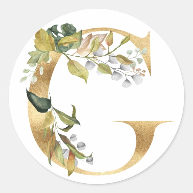 Monogramme floral en or Autocollant rond classique (Devant)