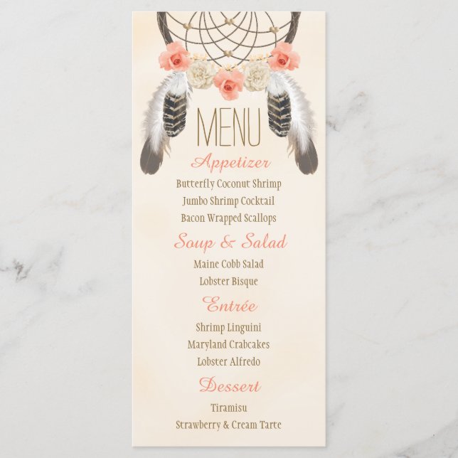 Monogramme Gold Coral Dreamcatcher Menu Mariage (Devant)