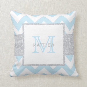 Monogramme Gris Bleu Chevron Baby Boy Coussin