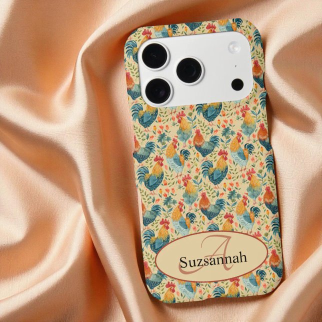 Monogramme Initial Motif Poulet Coloré  (iPhone chicken art pattern with initial monogram and name template text)