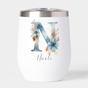 Monogramme Initial N bleu Floral Aquarelle Cadeau