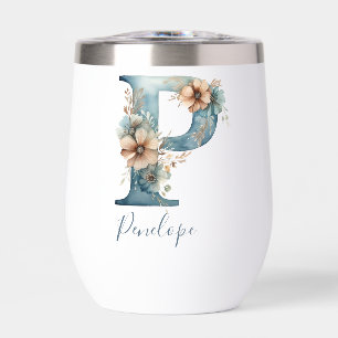 Monogramme initial P bleu floral aquarelle cadeau 