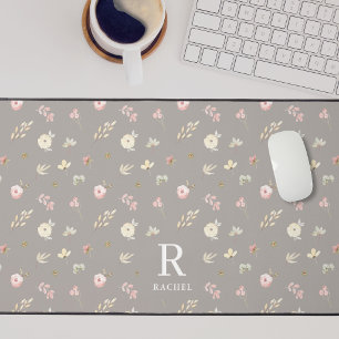 Monogramme Initial Personnalisé Gris Beige Floral