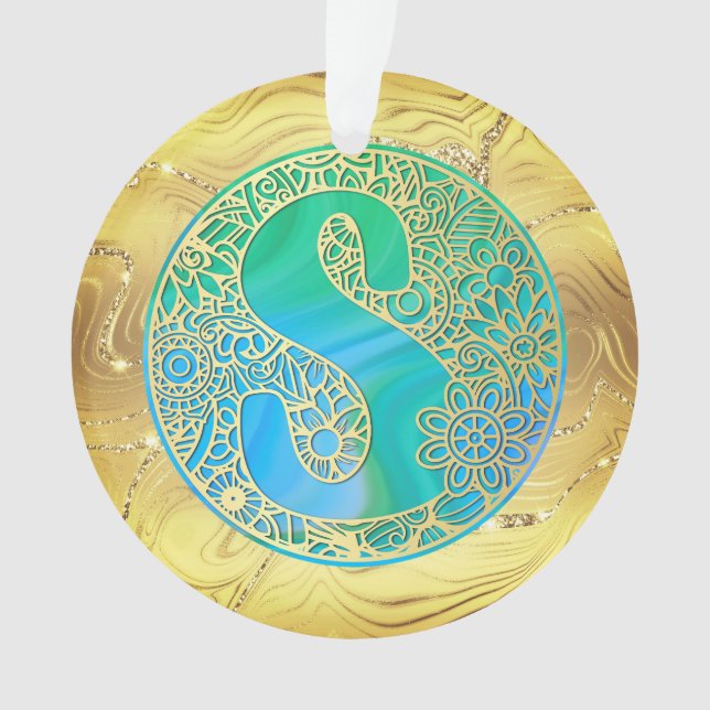 Monogramme Initial S Noël - Or, Turquoise & Bleu (devant)
