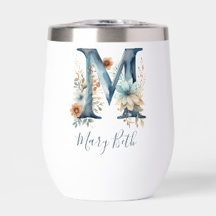 Monogramme Initiale M Cadeau Floral Bleu Aquarelle