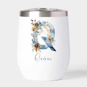 Monogramme Initiale Q Fleur Bleue Aquarelle Cadeau