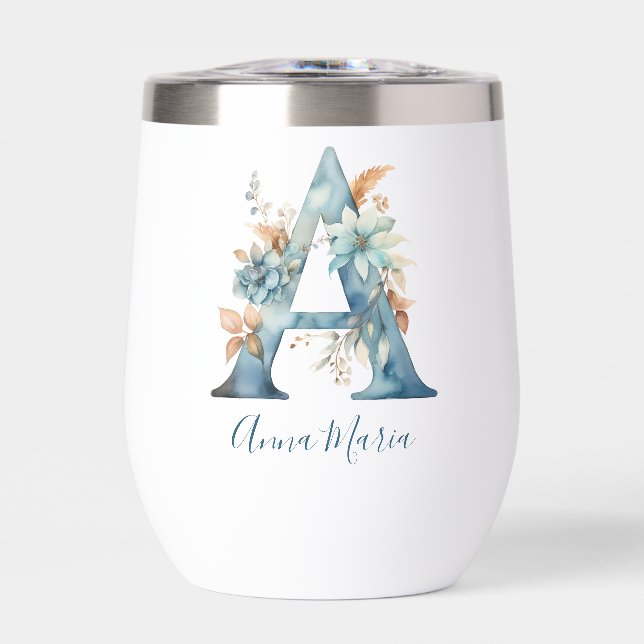 Monogramme Initiale Une Aquarelle Florale Bleue Ca (Avant)