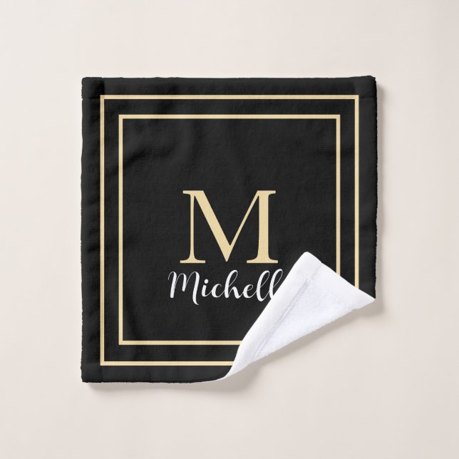 Monogramme Initiales Or Noir Blanc Nom personnalis (Gant de toilette)