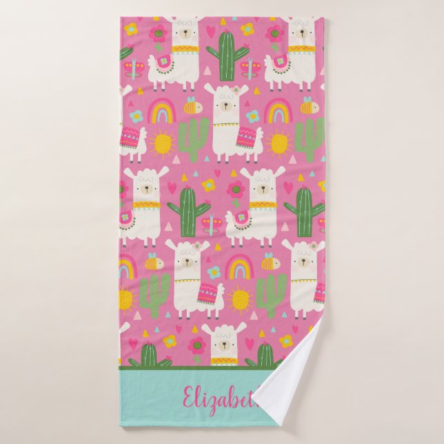 Monogramme Llamas Rainbows Green Cactus Rose Girl (Serviette de bain)