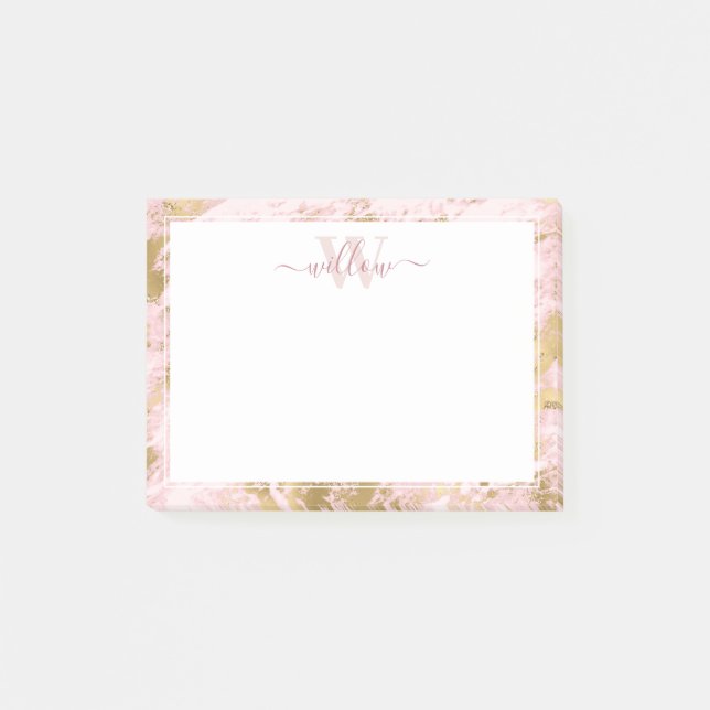 Monogramme Marbre rose Golden Foil Post-it Notes (Devant)