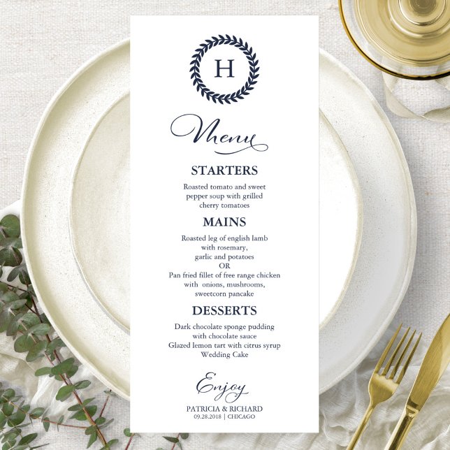 Monogramme Mariage Cartes de menu Marine Bleu (Créateur téléchargé)