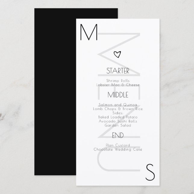 Monogramme Mariage Coeur Noir Blanc Menu (Devant / Derrière)