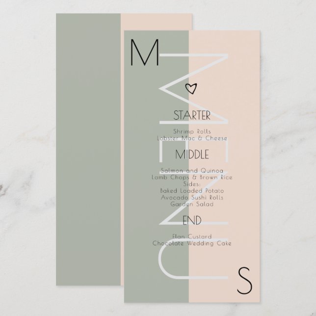 Monogramme Mariage Coeur Sage Pink Menu (Devant / Derrière)