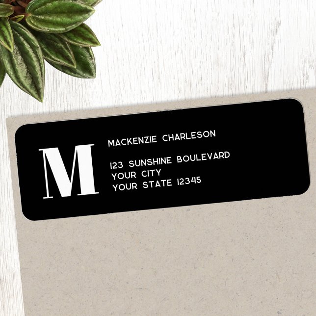 Monogramme moderne Adresse de retour initiale (Modern minimalist monogram initial personalized black return address labels)