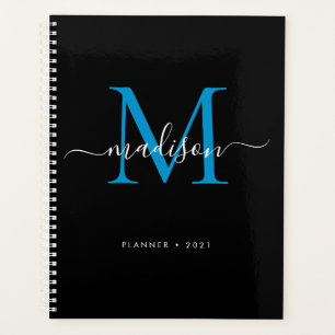 Monogramme moderne Black Blue Girly Script Name 20
