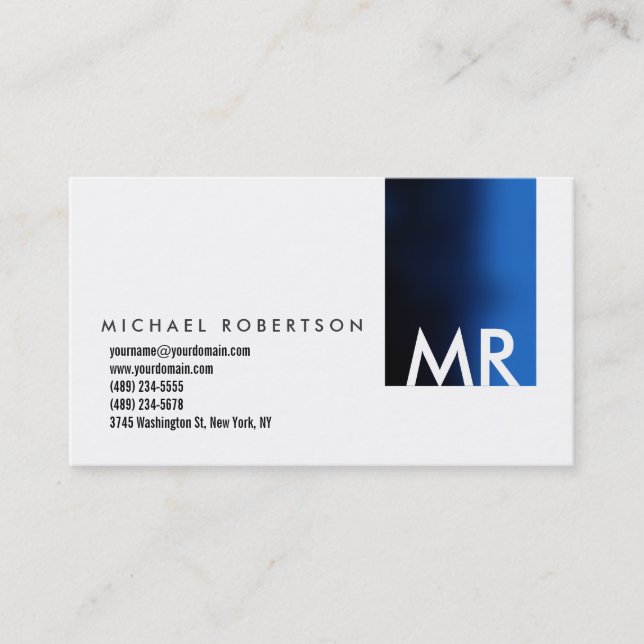 Monogramme moderne Blanc Bleu Carte de visite prop (Devant)