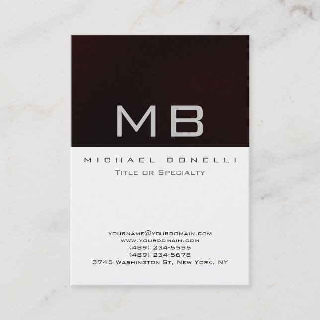 Monogramme moderne blanc foncé rouge chic Carte de (Devant)