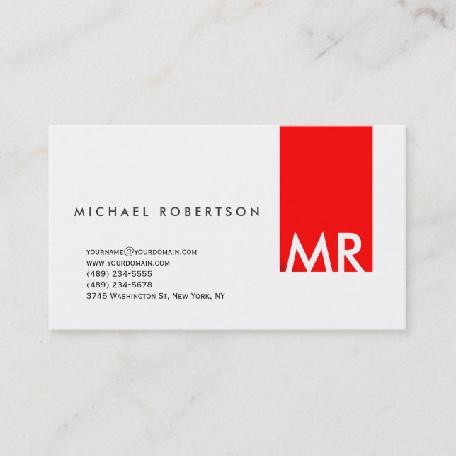 Monogramme moderne blanc rouge Carte de visite pro (Devant)