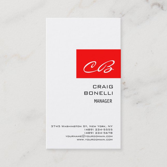 Monogramme moderne Carte de visite blanc rouge pla (Devant)