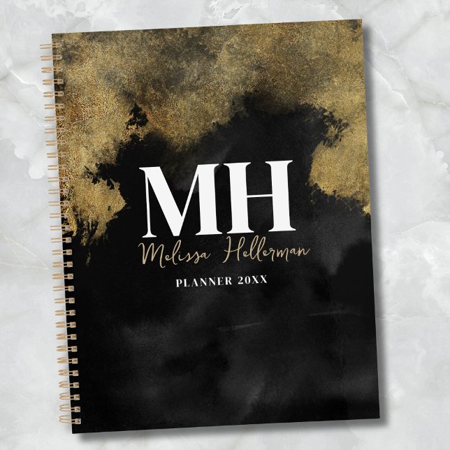 Monogramme Moderne en écriture Black Gold Script (Modern Black Gold Girly Script Name Monogram Planner)