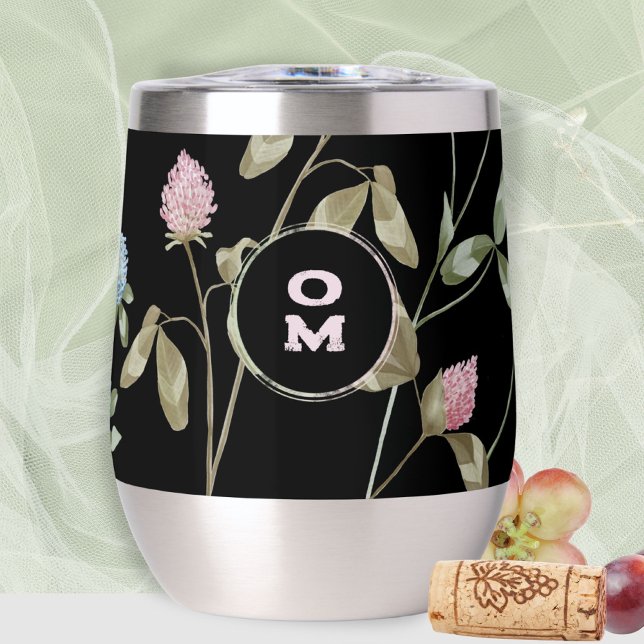 Monogramme moderne Fleur sauvage Rose vert grand C (Black Clover Monogram Thermal Wine Tumbler ©Susanne Sachers - Sunny Mind 🌞)