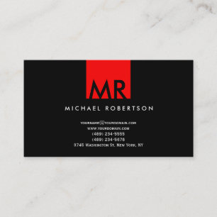 Monogramme moderne Noir Rouge Carte de visite prop