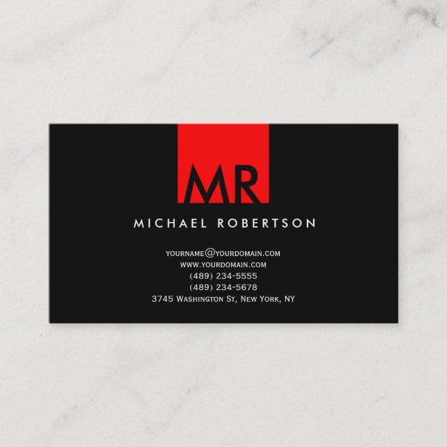Monogramme moderne Noir Rouge Carte de visite prop (Devant)
