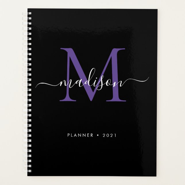 Monogramme moderne Noir Violet Girly Script 2021 (Devant)