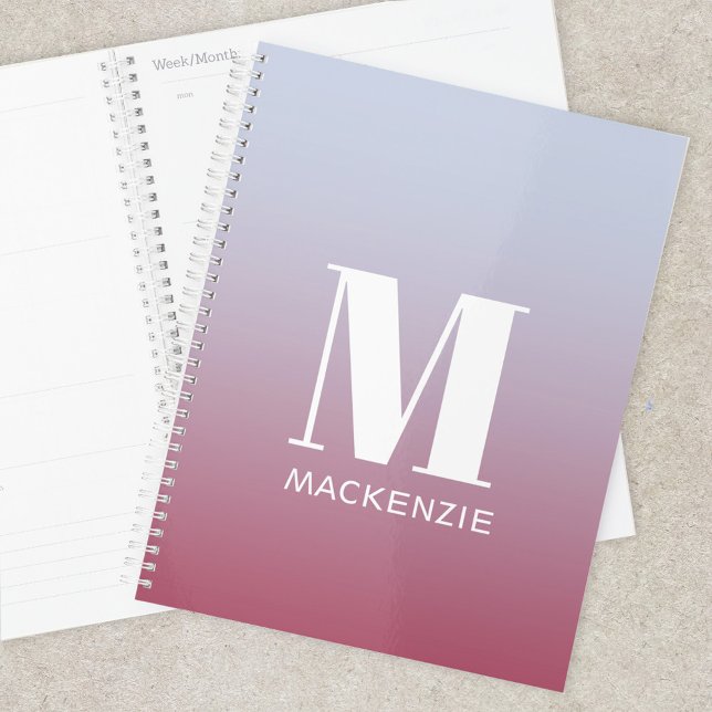 Monogramme moderne Nom initial Pink Blue Gradient (Simple modern monogram name personalized pink blue gradient planner)