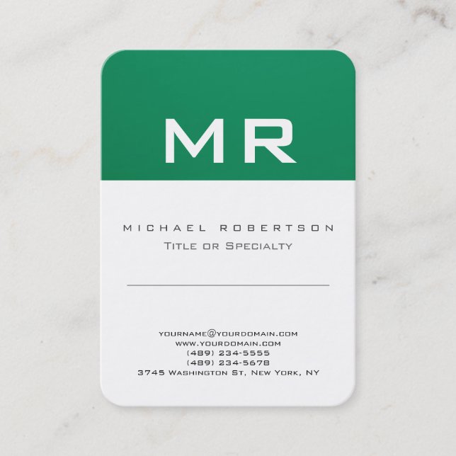Monogramme moderne vert blanc Carte de visite prop (Devant)