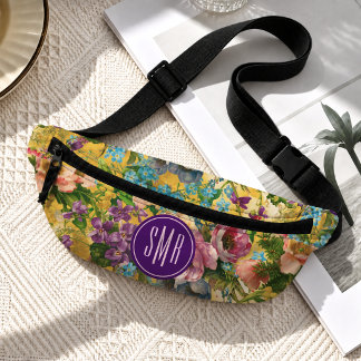 Monogramme motif floral violet jaune vintage
